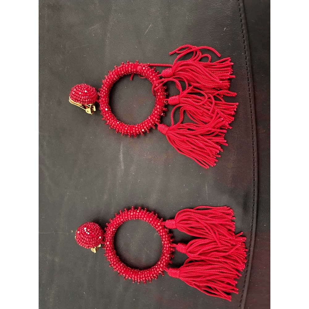 Oscar de la Renta Red Beaded Tassel Clip-On Earrings